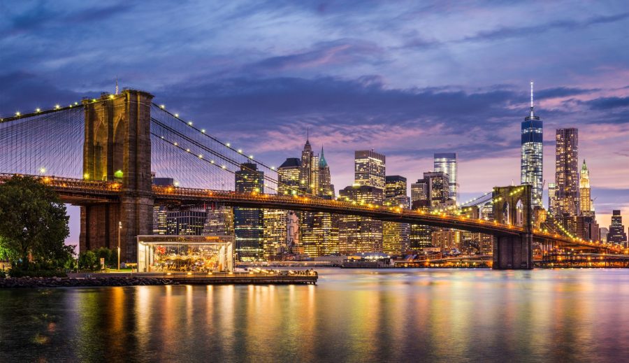 Suspension bridge over river in New York City